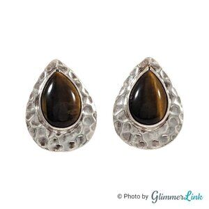 Vintage Shube 925 Sterling Silver Tiger's Eye Hammered Teardrop Stud Earrings